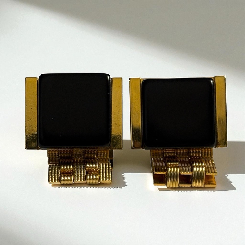 Vintage Cufflinks Black Lucite Wrap Around‎ Gold Tone Watch Band Style Chain